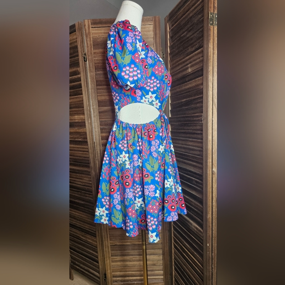 AMUR Blue Floral Puff Sleeve Cutout Mini Dress Size 00 Summer Party Wedding - Picture 2 of 12